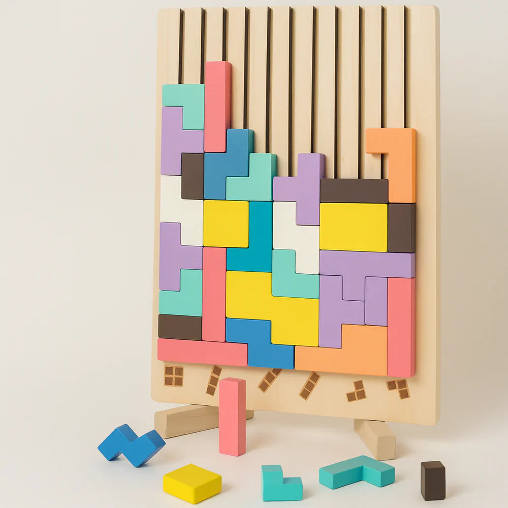 Wooden Stacking Puzzle Toy Tetris, 3D Wooden Puzzle Montessori Toy Art,