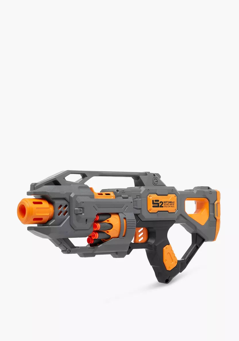 Battery-powered toy machine gun that shoots soft shells. 20 rounds included in the box