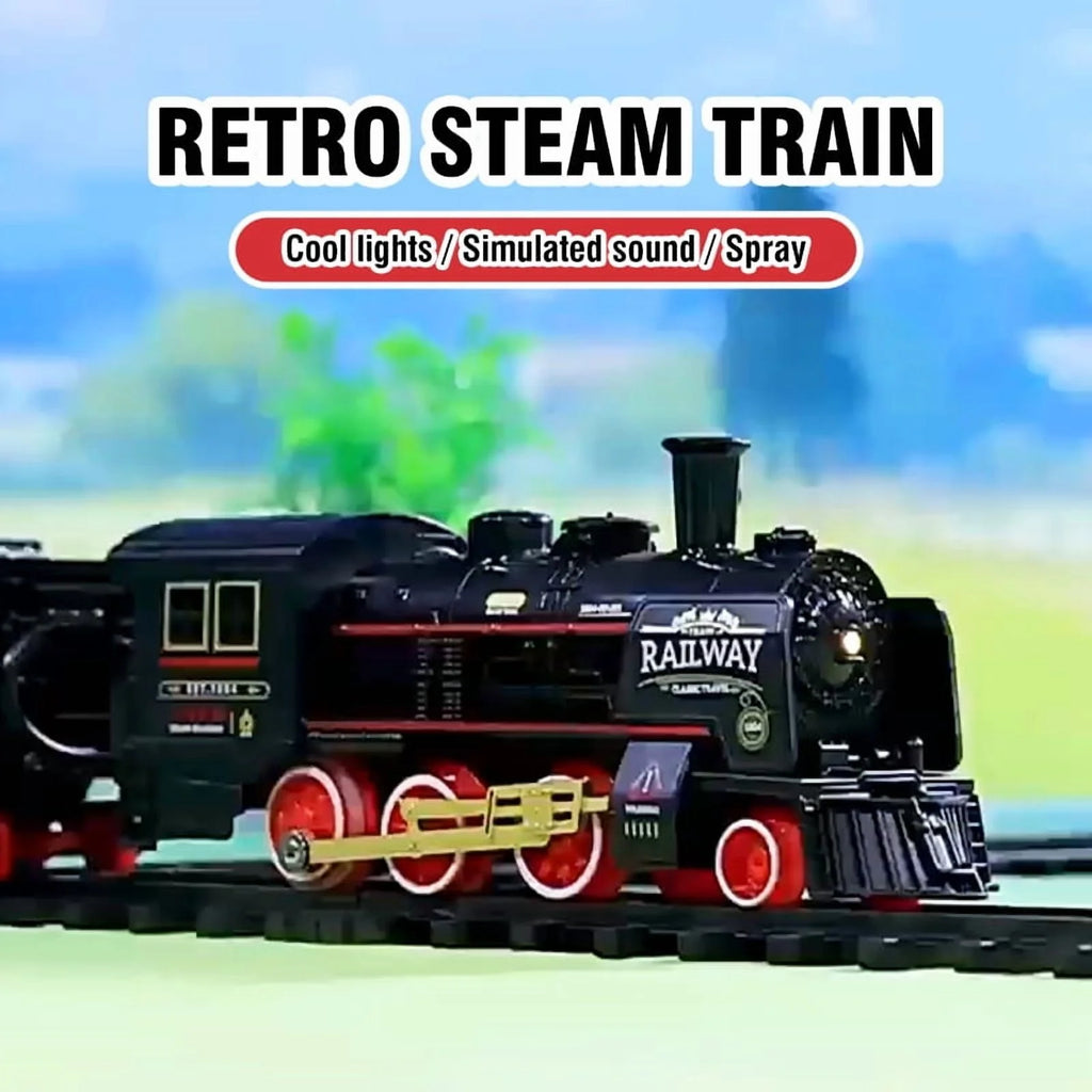 Electric Retro Steam Train Track Set with Realistic Smoke & Lights