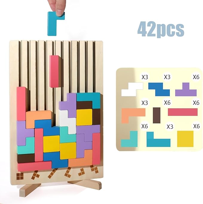 Wooden Stacking Puzzle Toy Tetris, 3D Wooden Puzzle Montessori Toy Art,