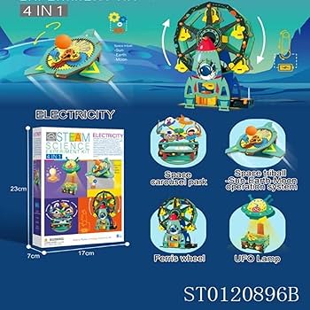 STEAM Science Experiment Kit 4-in-1 – Electricity Powered DIY Building Set with Space Carousel, Sun-Earth-Moon System, Ferris Wheel & UFO Lamp