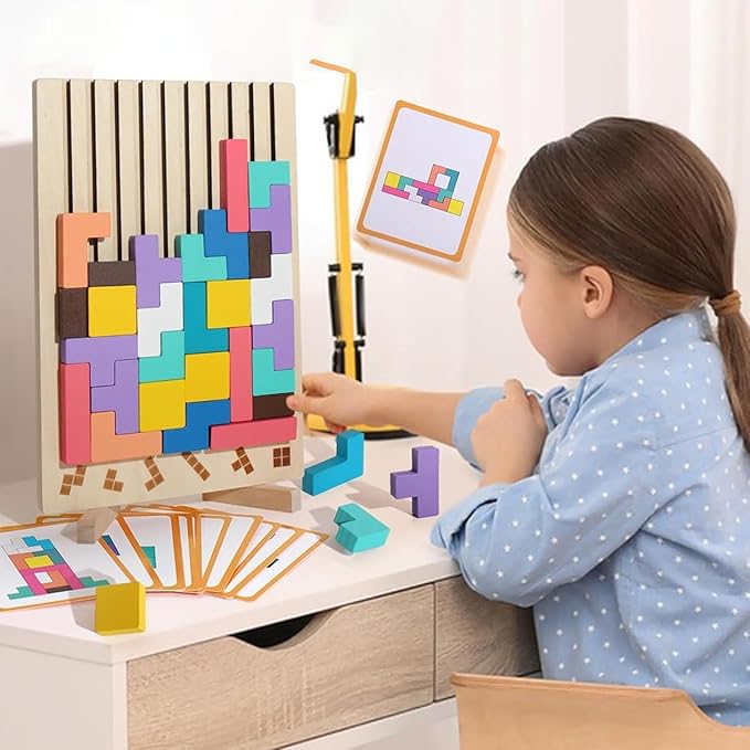 Wooden Stacking Puzzle Toy Tetris, 3D Wooden Puzzle Montessori Toy Art,