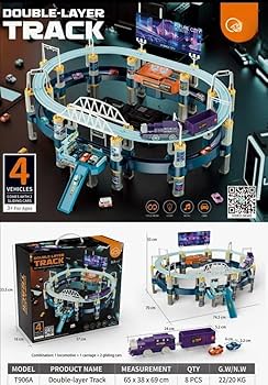 Double Layer Track Set | Model Train & Railroad Cars Playset | Powered Elevator, Tow Truck & Car Repair Station | Spiral Ramp Garage Toy for Kids