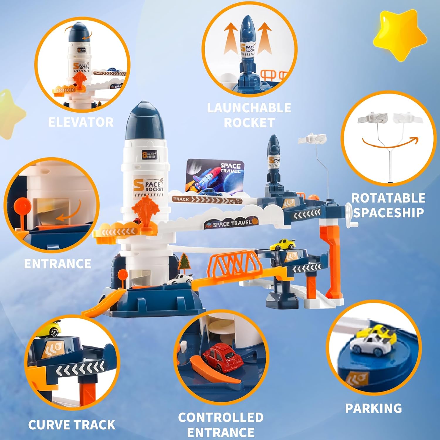 Electric Space Rocket Elevator Race Track Toy with Mini Cars for Kids