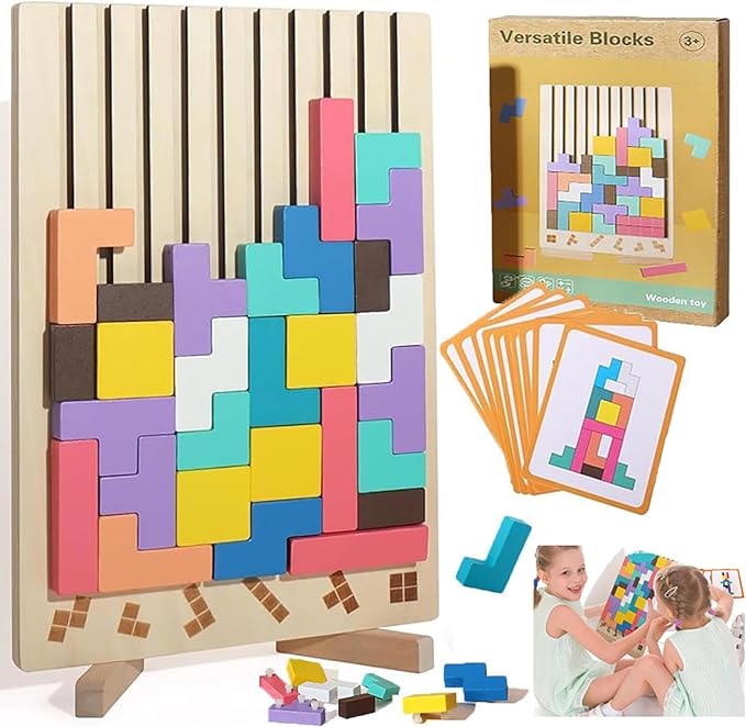 Wooden Stacking Puzzle Toy Tetris, 3D Wooden Puzzle Montessori Toy Art,