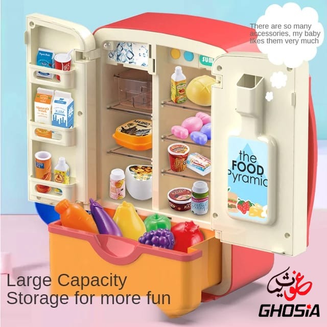 Kids Electric Toy Refrigerator with Ice Dispenser | Pretend Play Mini Fridge with Play Food Set