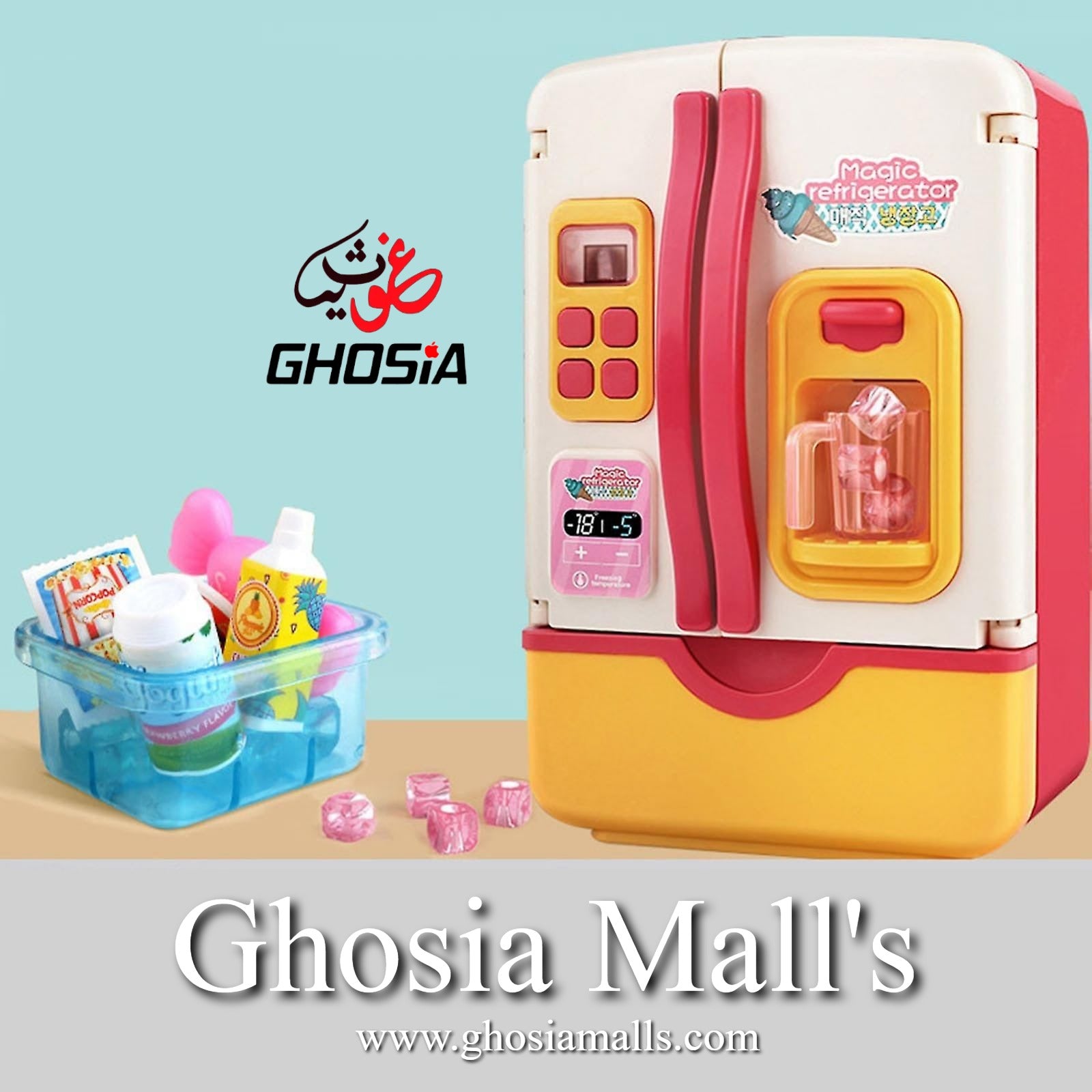 Kids Electric Toy Refrigerator with Ice Dispenser | Pretend Play Mini Fridge with Play Food Set