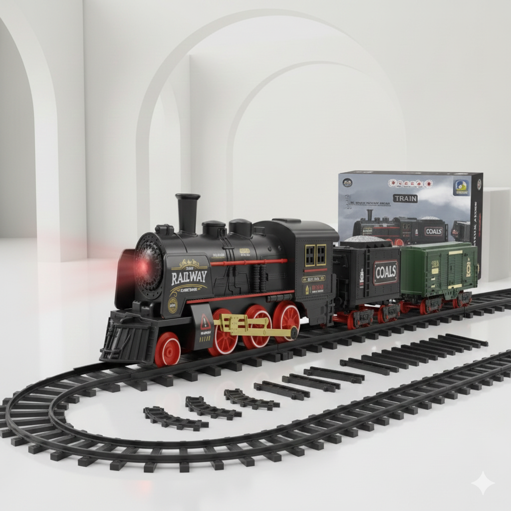 Electric Retro Steam Train Track Set with Realistic Smoke & Lights