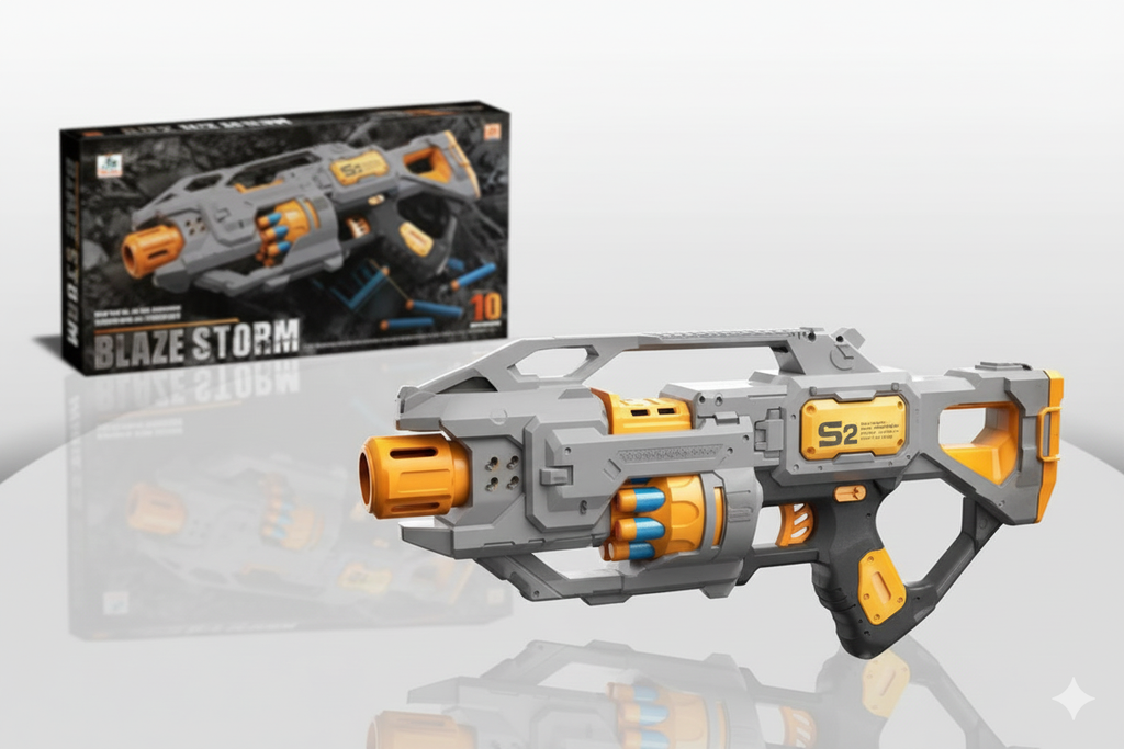 Battery-powered toy machine gun that shoots soft shells. 20 rounds included in the box