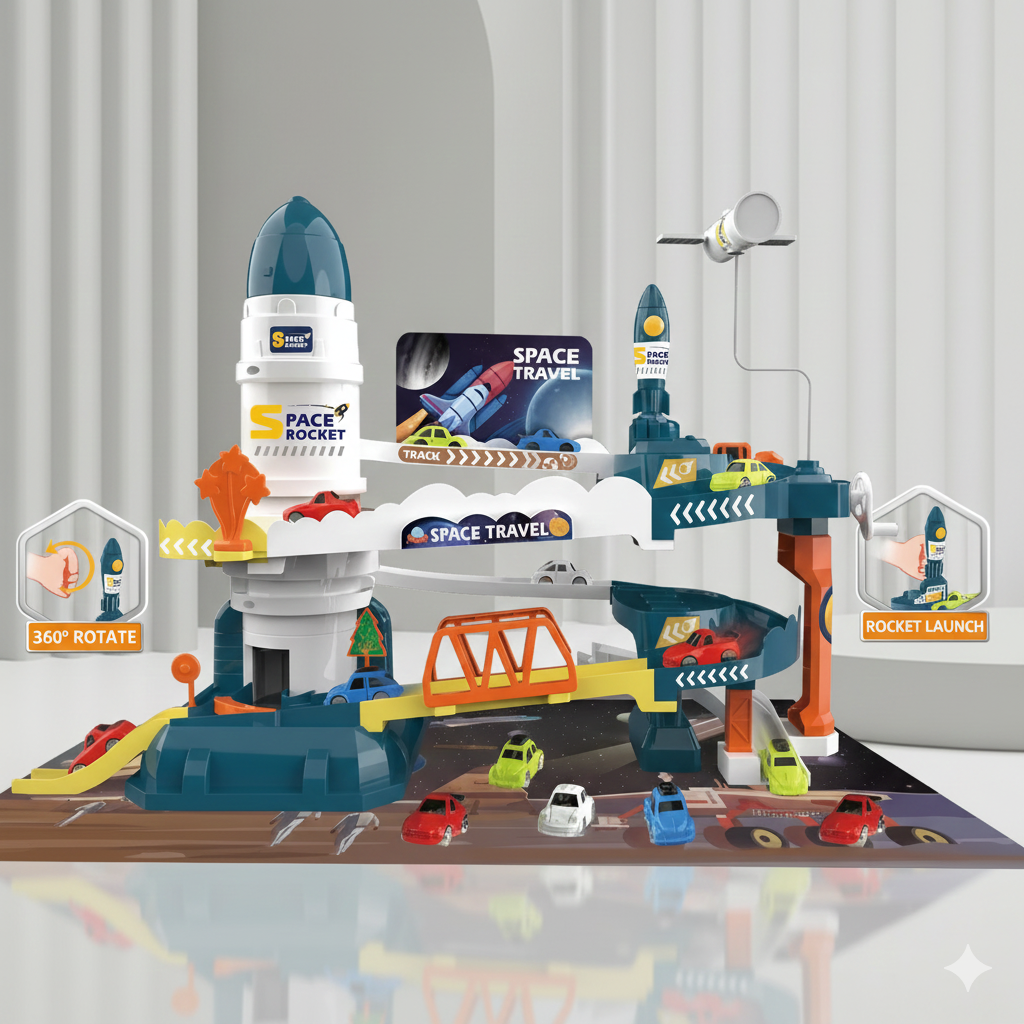 Electric Space Rocket Elevator Race Track Toy with Mini Cars for Kids