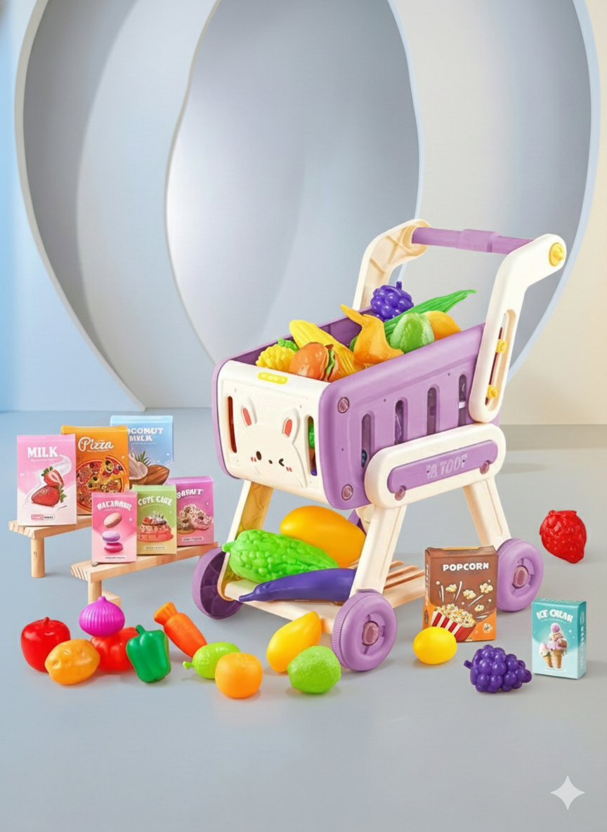 Mini Shopping Cart with Supermarket Accessories, Supermarket Shopping Cart Toy With fruit and vegetable and snack