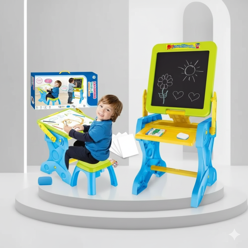 2-in-1 Children's Drawing Table, Multifunctional Educational Whiteboard with Stool
