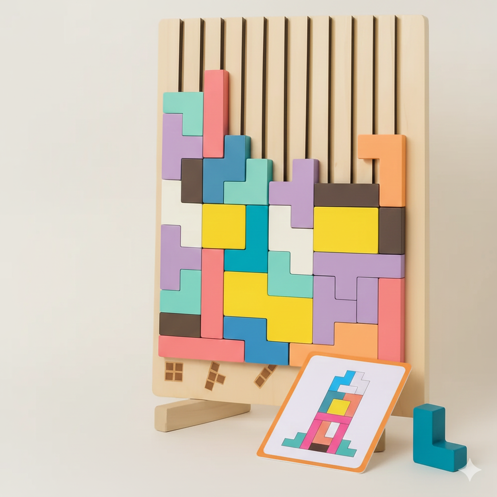 Wooden Stacking Puzzle Toy Tetris, 3D Wooden Puzzle Montessori Toy Art,
