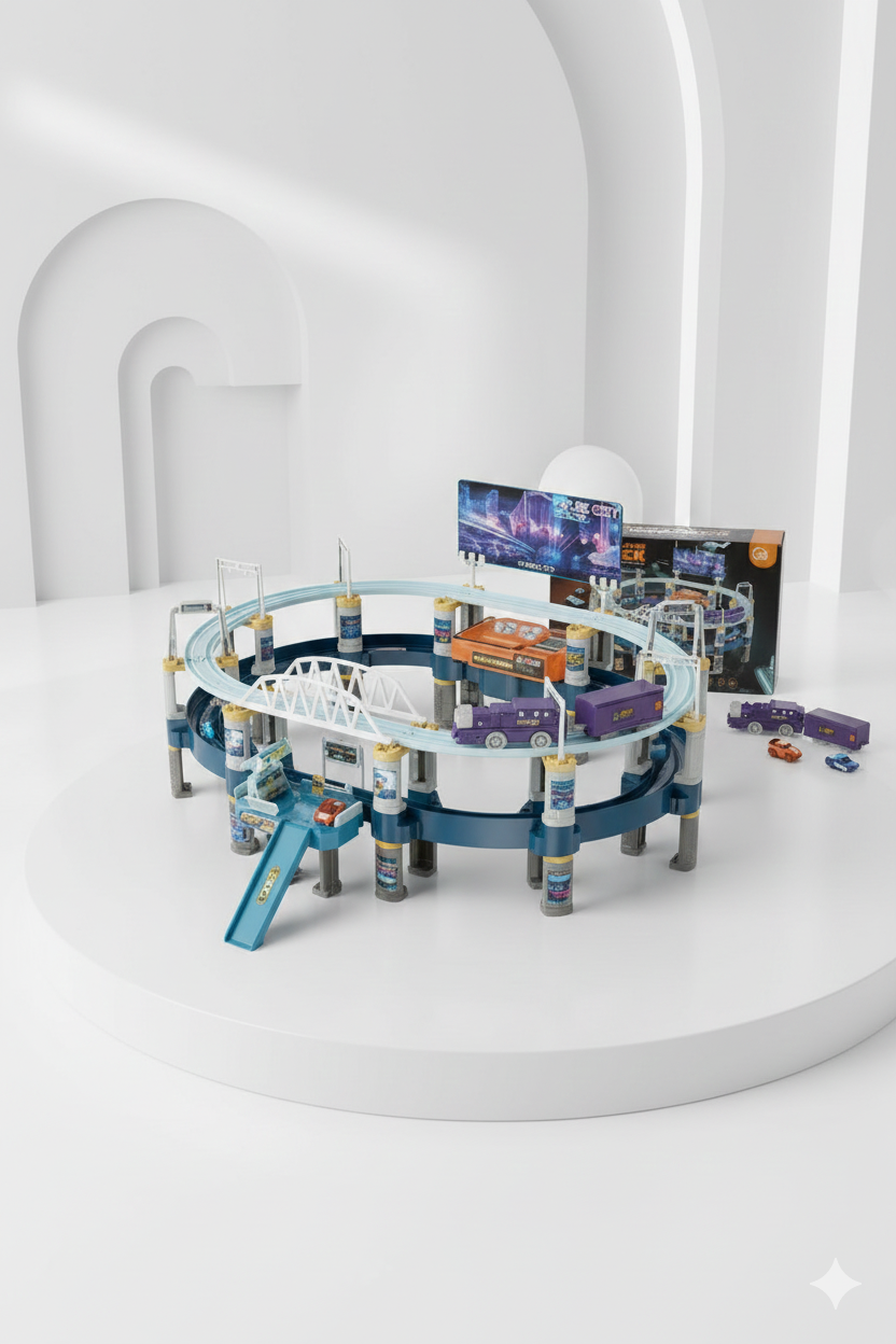 Double Layer Track Set | Model Train & Railroad Cars Playset | Powered Elevator, Tow Truck & Car Repair Station | Spiral Ramp Garage Toy for Kids