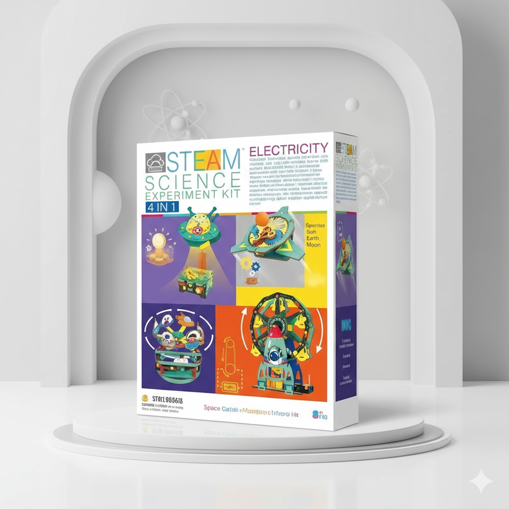 STEAM Science Experiment Kit 4-in-1 – Electricity Powered DIY Building Set with Space Carousel, Sun-Earth-Moon System, Ferris Wheel & UFO Lamp