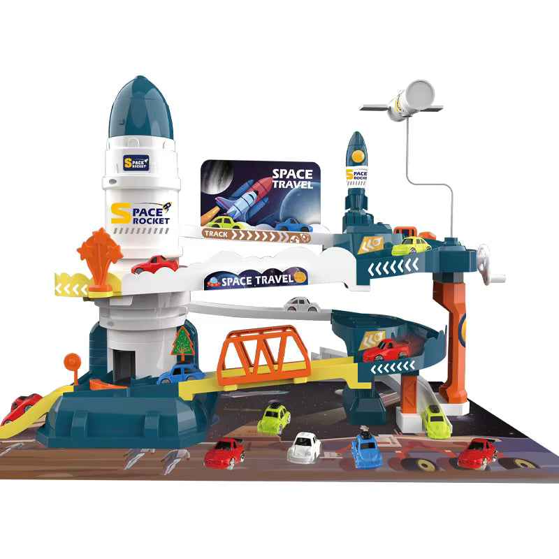 Electric Space Rocket Elevator Race Track Toy with Mini Cars for Kids