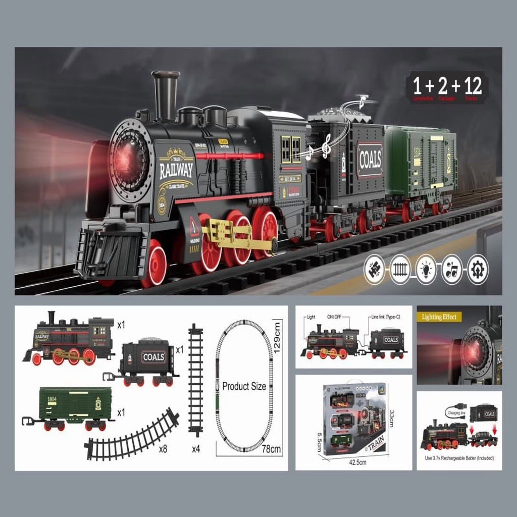 Electric Retro Steam Train Track Set with Realistic Smoke & Lights