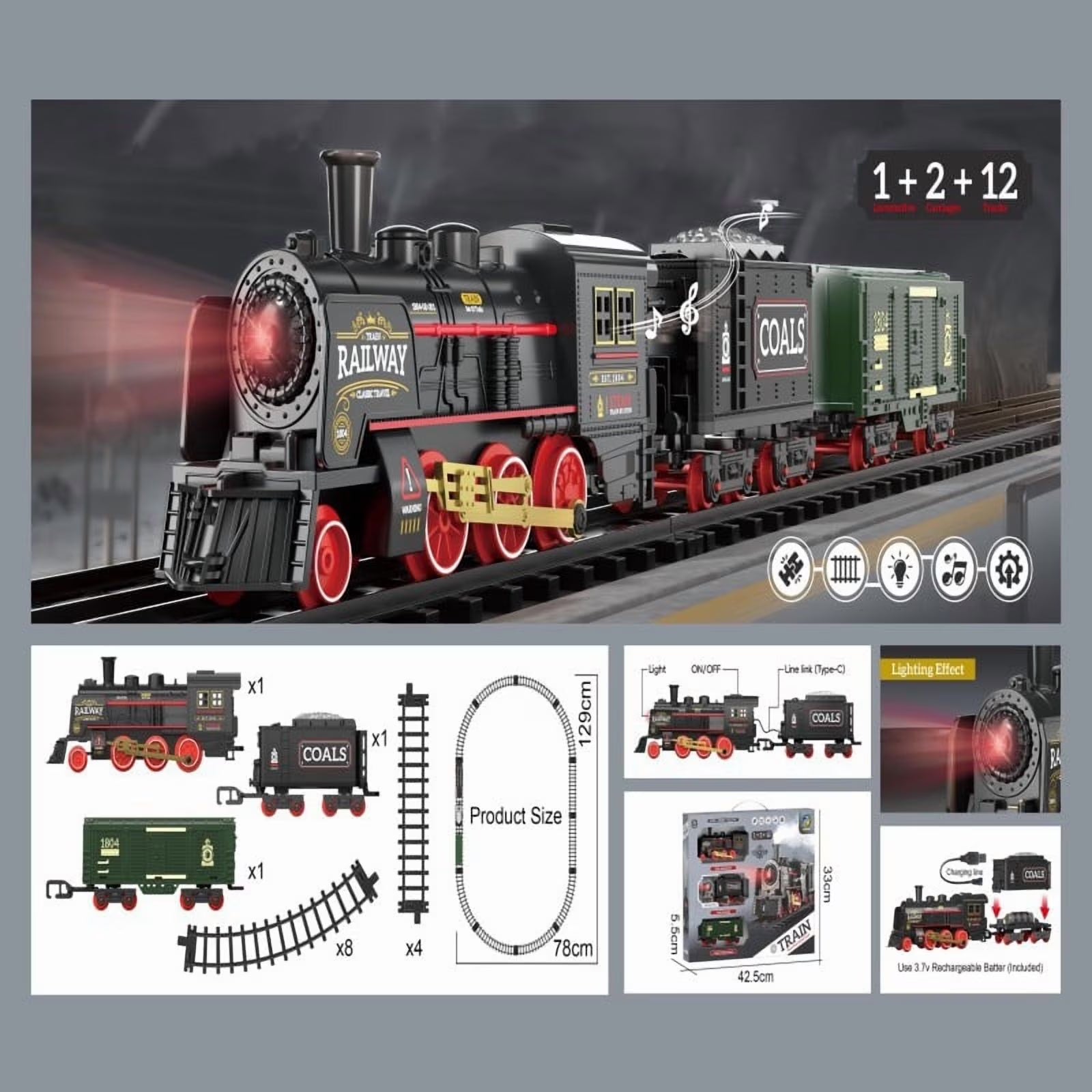 Electric Retro Steam Train Track Set with Realistic Smoke & Lights