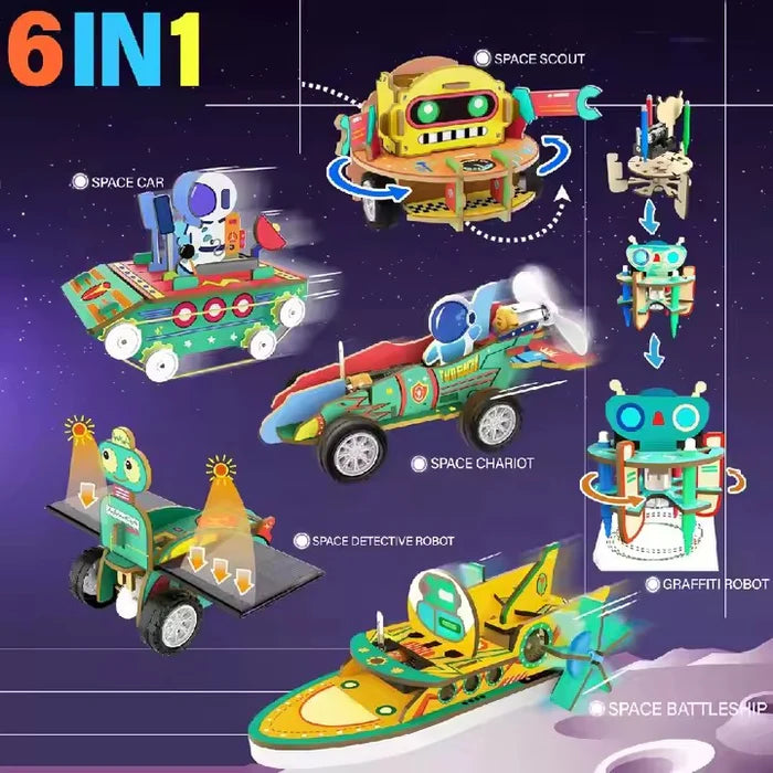 6 In 1 Space Themed Wooden DIY Electric Toys Set, Durable, Build Imagination, Non Toxic