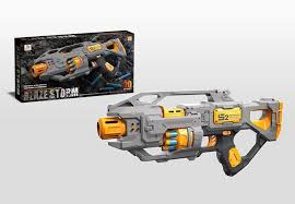 Battery-powered toy machine gun that shoots soft shells. 20 rounds included in the box