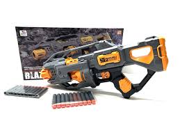 Battery-powered toy machine gun that shoots soft shells. 20 rounds included in the box