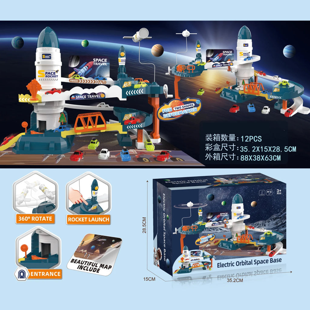 Electric Space Rocket Elevator Race Track Toy with Mini Cars for Kids